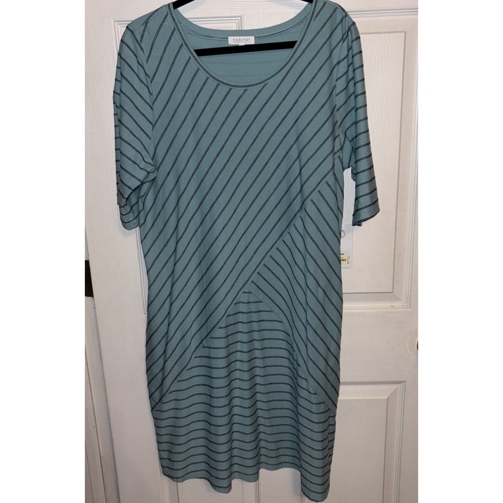 NWT Habitat Clothes to Live In Sz L Aqua Knit Shift Dress Black Stripes Pockets